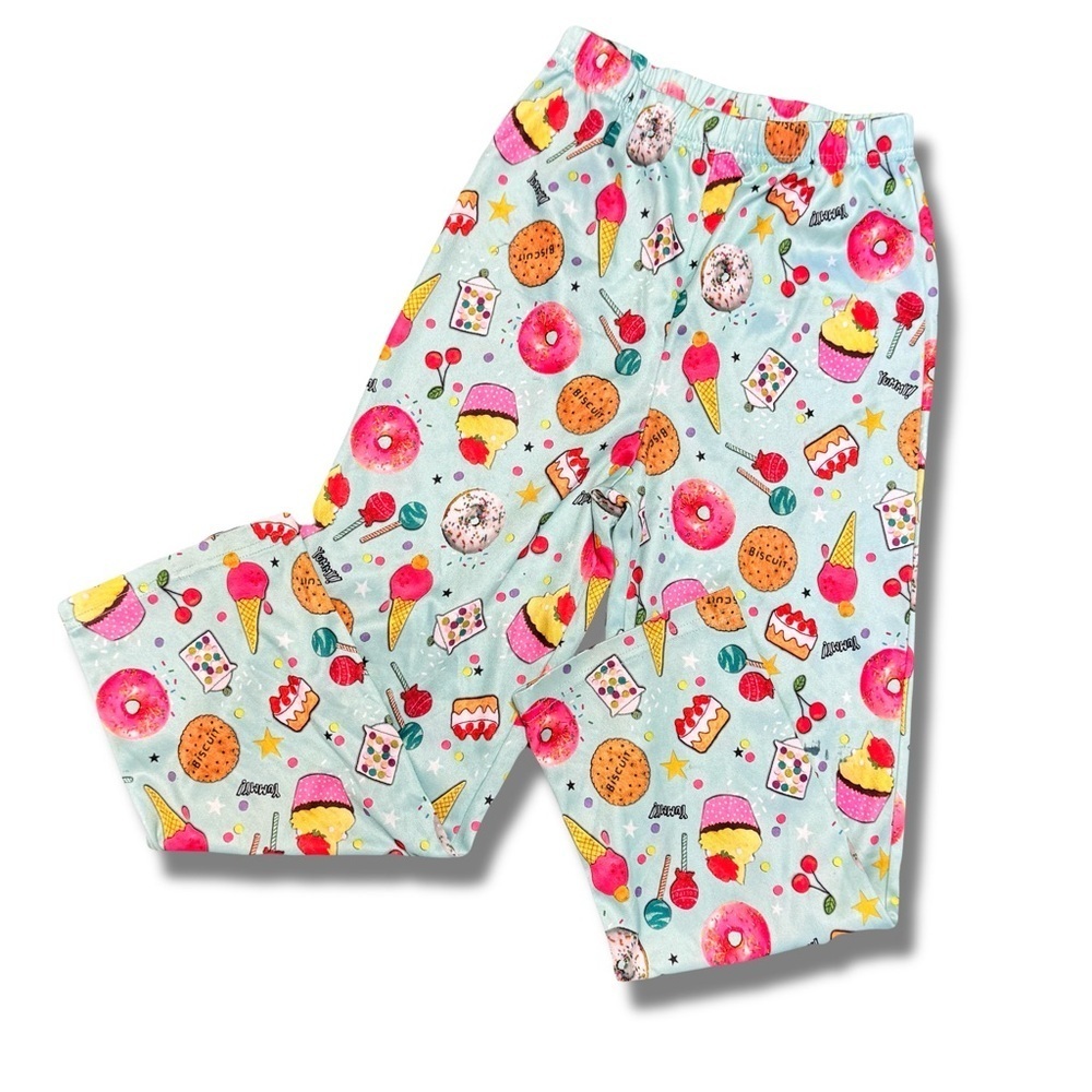 Night Life Women's Dessert Print Satin Pajama Pants Size M Blue Multicolor